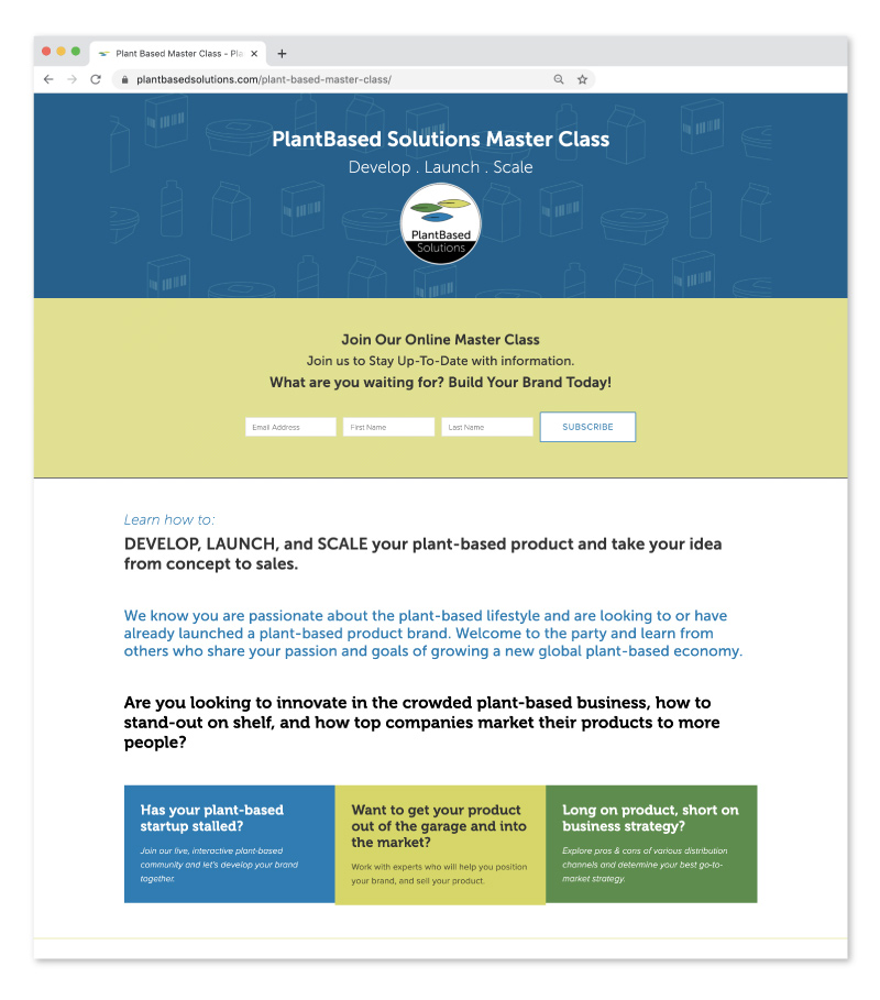 Screenshot of the Plant Based solutions master class signup page DesignInk Digital helped create with the client's audience in mind.