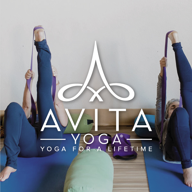 Avita Yoga Yoga for a Lifetime image of logo with members practicing their stretches.