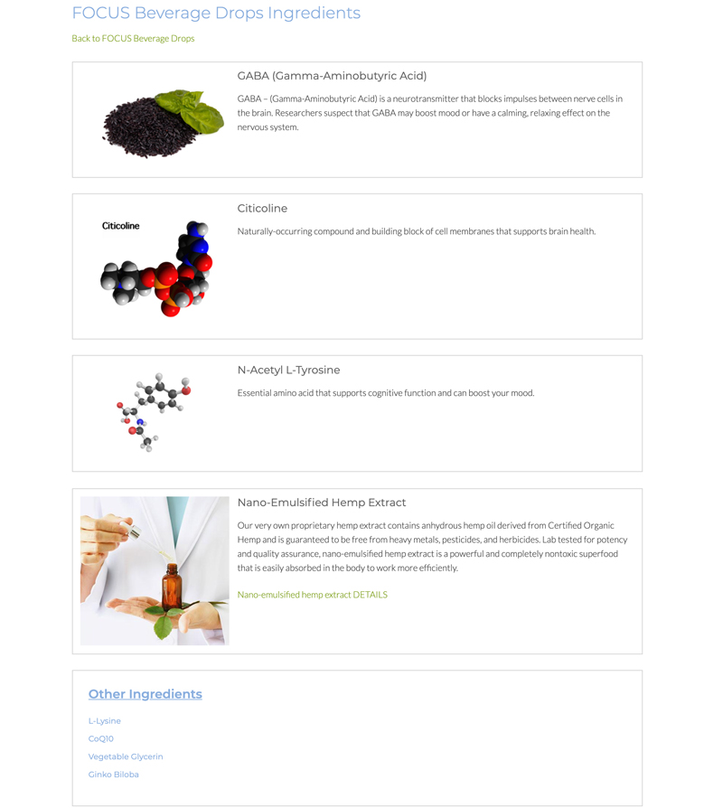The list of the ingredients in the formulation of Be Tru Wellness products on the ecommerce website build by DesignInk Digital check out our custom web dev