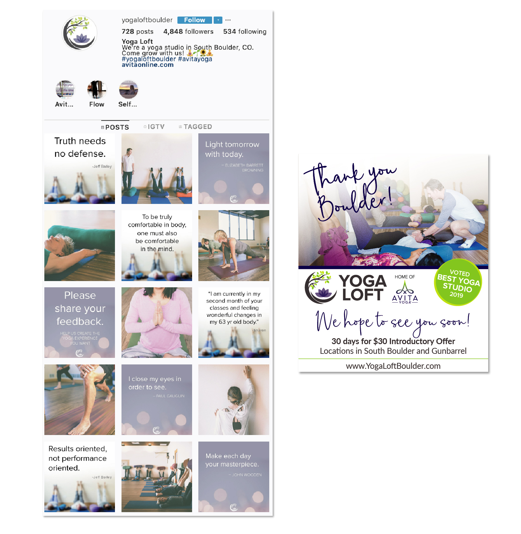 Instagram branding and consistency one one ot the important steps in growing your followers with Yoga Loft in Boulder Colorado with DesignInk Digital Solutions