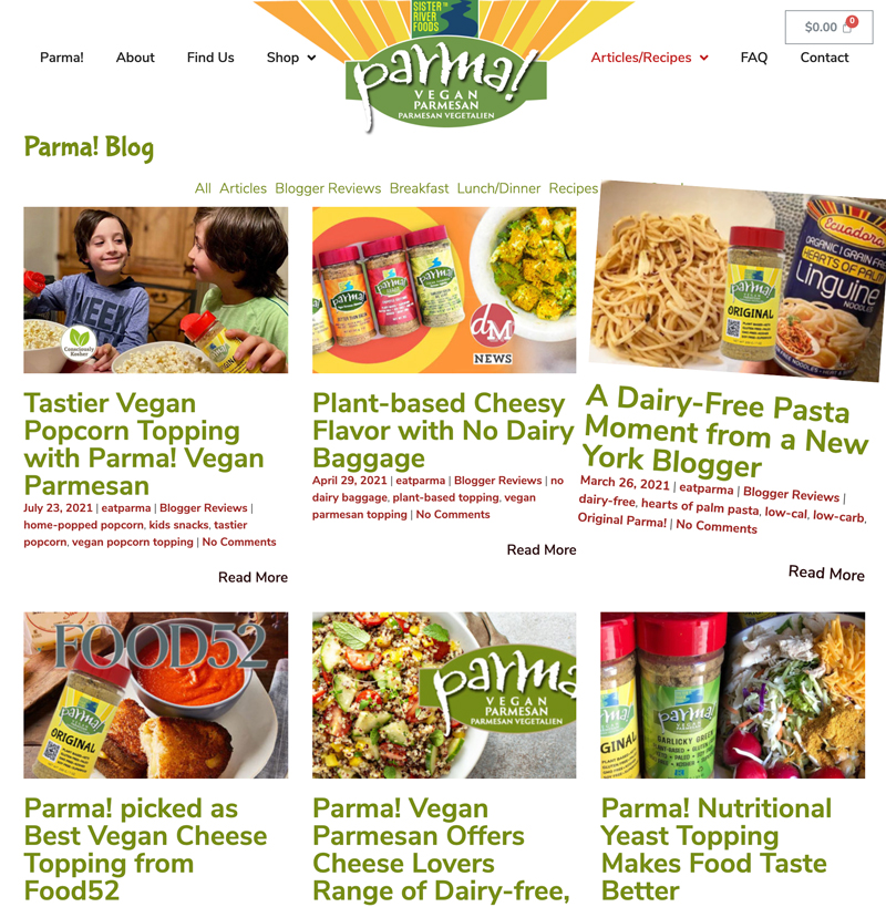 Recipes, reviews and articles build interest in your ecommerce website with Parma! by DesignInk Digital