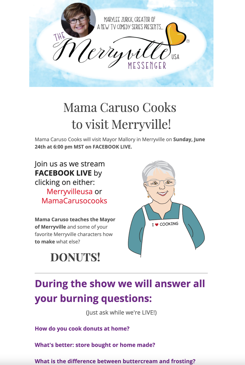 Merryville usa and Mama Caruso Cooks teamed up and invited people to their event with email marketing strategies with DesignInk Digital solutions