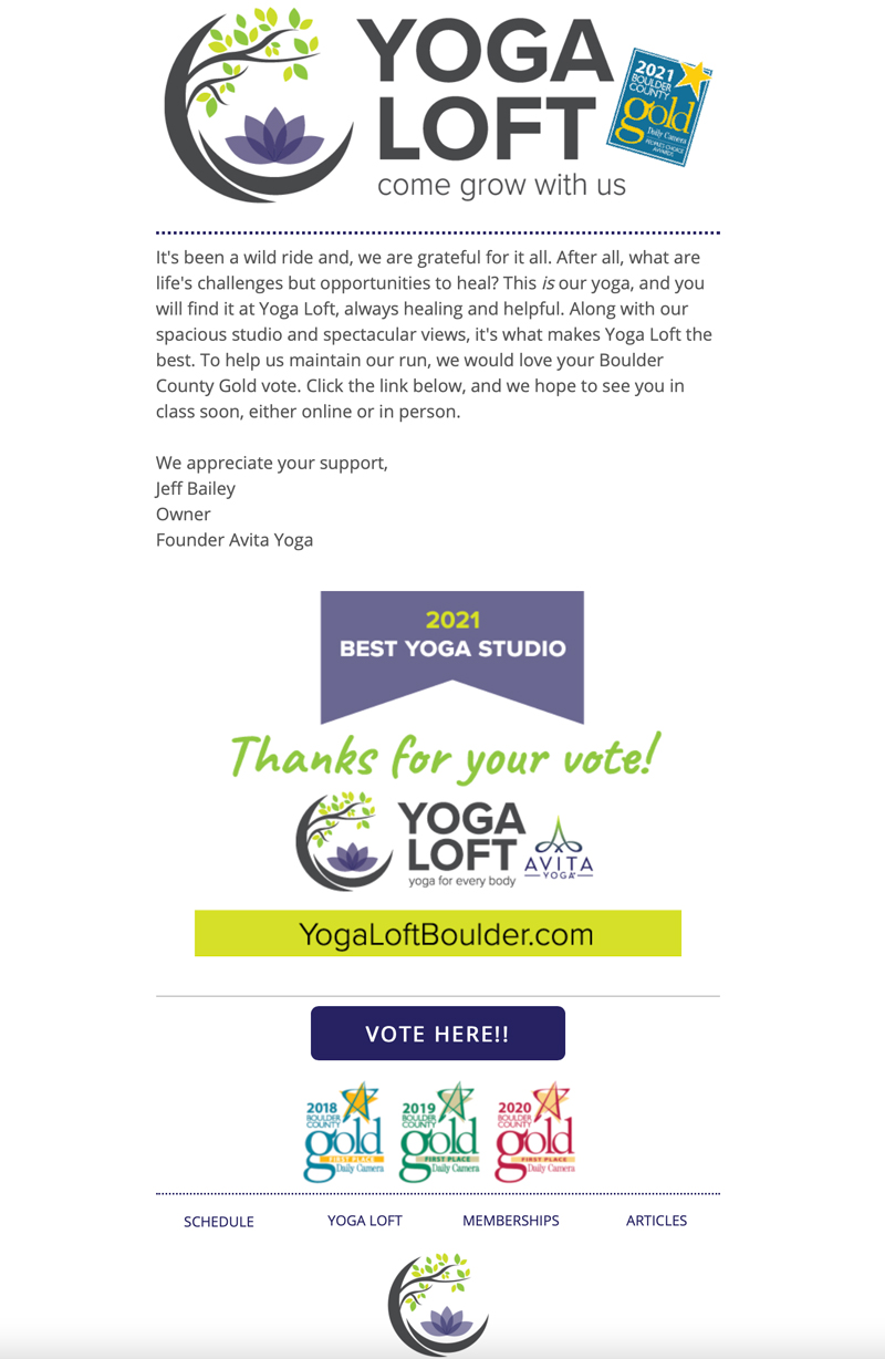 E-mail marketing builds customer loyalty and keeps people informed with Yoga Loft and DesignInk Digital solutions in Boulder Colorado with Ingrid DiPaula