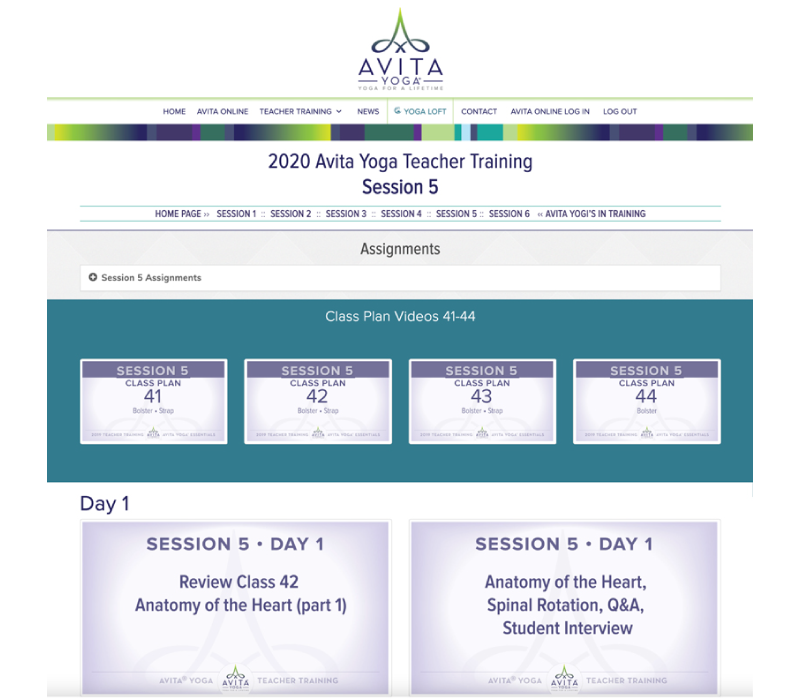 Avita Yoga teacher training sample of instructor dashboard accessed through the Avita Yoga portal by DesignInk Digital - for all of your customized on-line learning options