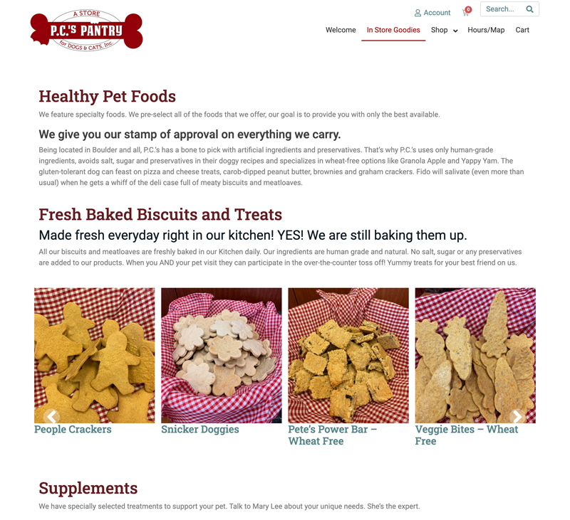 Customized ecommerce store images for PCs Pantry featuring their fresh baked biscuits and treats for your four legged friends by DesignInk Digital