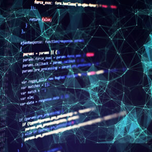 Leveraging Schema Markup - computer screen showing some floating code and tetrahedrons connecting graphics