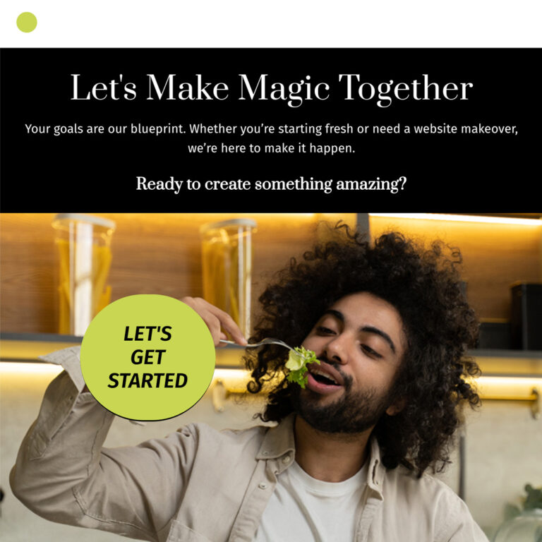 Let's Make Magiv Together Landing Page with full haired guy taking a bit of vegan food